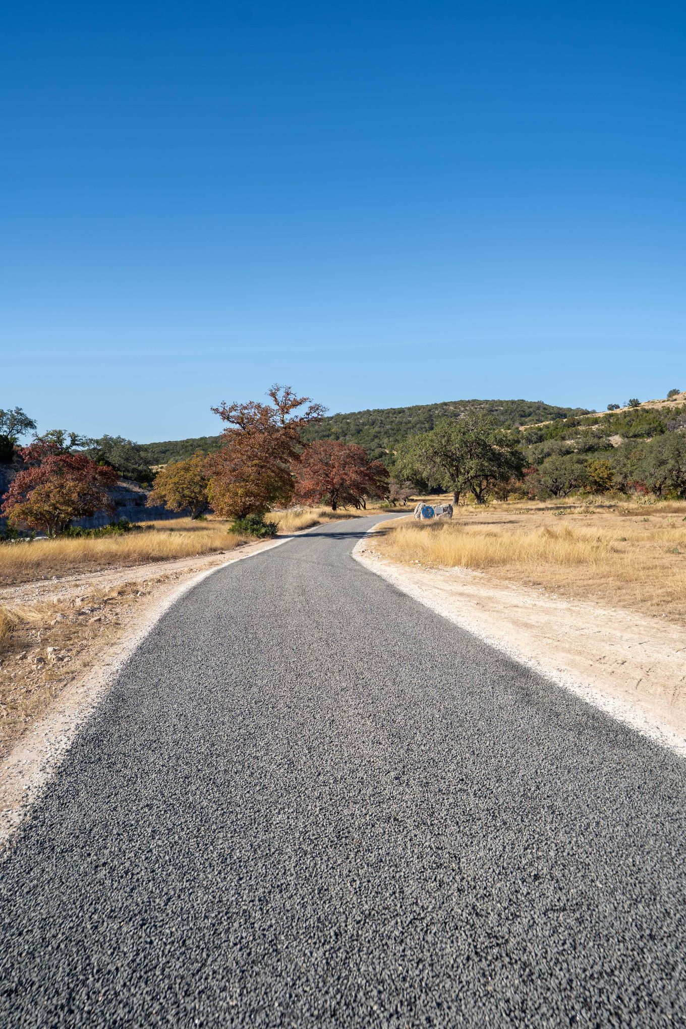 Finished rural road bordered by open grass and trees
