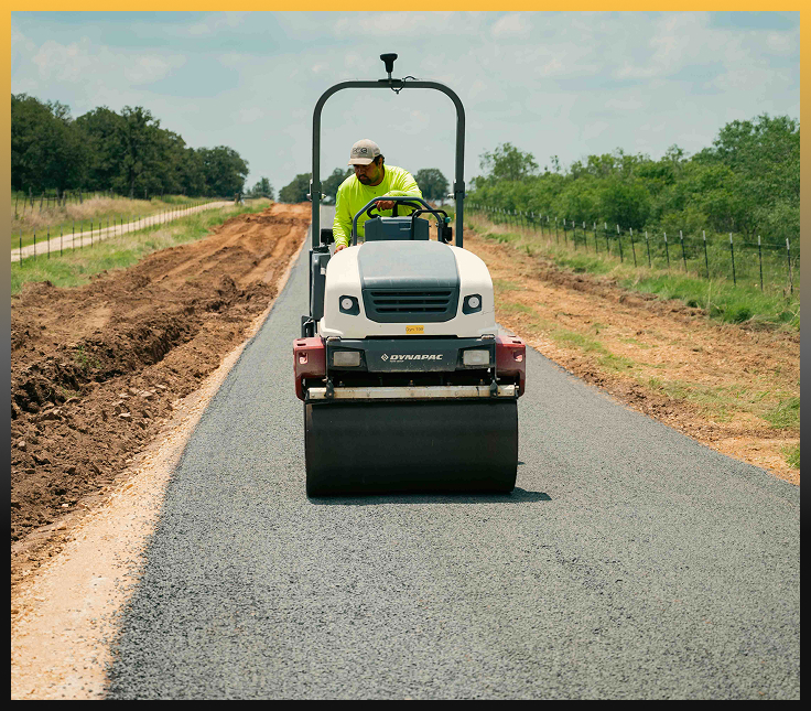 Base preparation and stabilization for new asphalt installation in Comfort, TX.